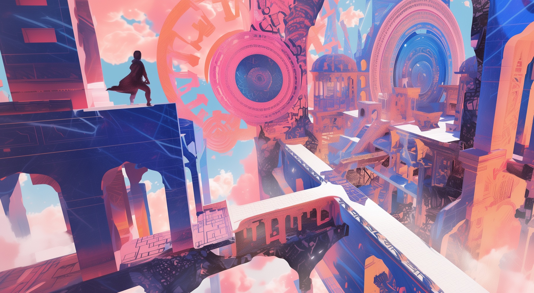 A coral, violet and blue imagined city of bridges and circular portals floating among clouds